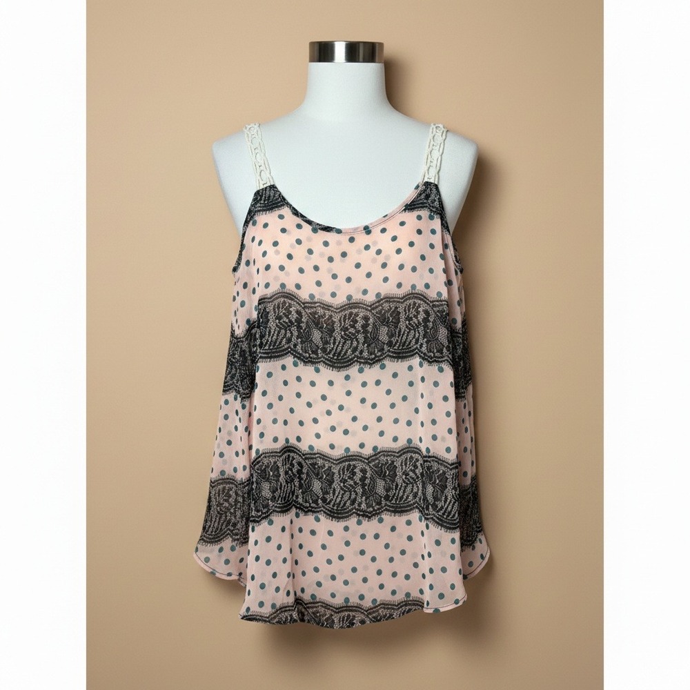 Orange Caramel Tank Top Pink Polka Dot Lace Trim Size S